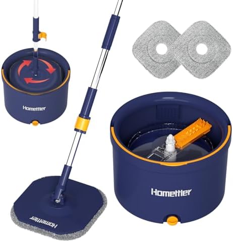 HoMettler Spin Mop Bucket Set with 2 Microfiber Pads and Self Wringing System