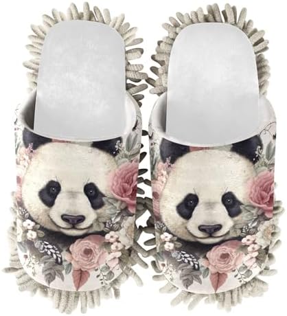 RunningBear White Flowers Panda Mop Slippers for Cleaning