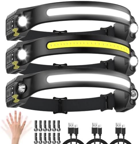UUYEE 3 Pack Rechargeable Headlamps with Motion Sensor and 5 Modes