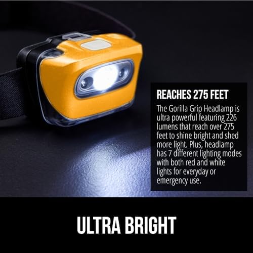 GORILLA GRIP Ultra Bright 7 Light Modes Headlamp Battery-Powered 1 Pack
