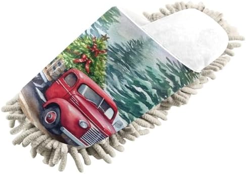White Christmas Truck Tree Mop Slippers - Soft Hypoallergenic Easy to Clean
