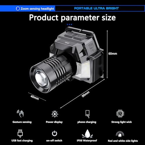 100000 Lumen Rechargeable Headlamp with Adjustable 90 Waterproof