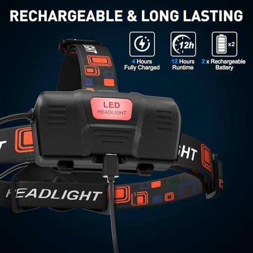 CrazyBrace Rechargeable LED Headlamp 2-Pack 990000 Lumen 12H Long Runtime Waterproof Adjustable