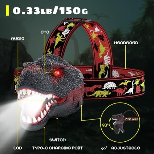 T-Rex Dinosaur Headlamp for Kids RechargeableAdjustable Fun