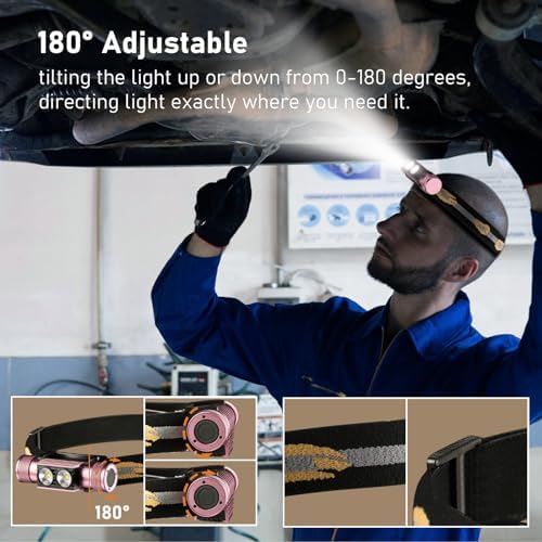 Weenaskeeper 1200 Lumens Headlamp Rechargeable Adjustable Water-Resistant Pink