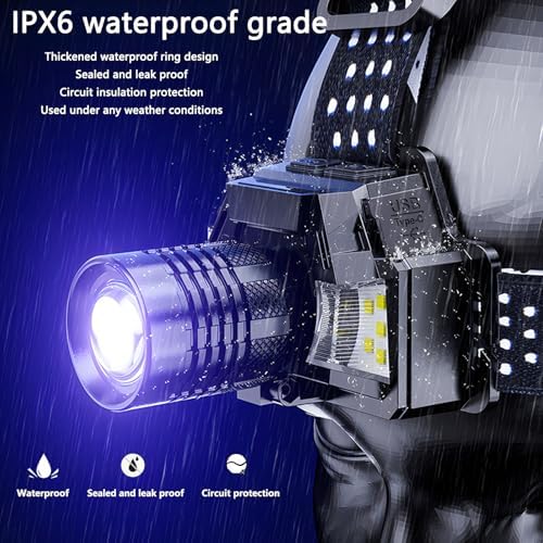 100000 Lumen Rechargeable Headlamp with Adjustable 90 Waterproof