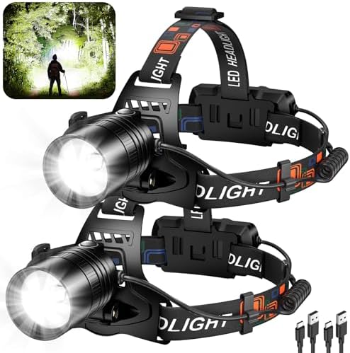 CrazyBrace Rechargeable LED Headlamp 2-Pack 990000 Lumen 12H Long Runtime Waterproof Adjustable