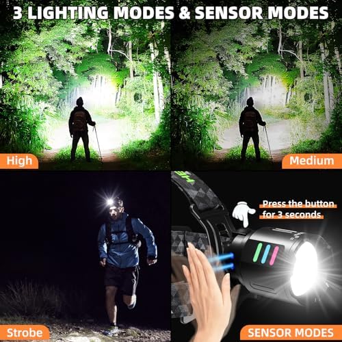 100000lm LED Rechargeable Headlamp with 90 Adjustable Motion Sensor