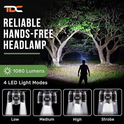 TDC 1080 Lumens Rechargeable IPX4 Headlamp with 8HR Battery and Rotatable Beam
