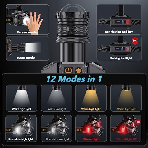 LED Headlamp Rechargeable with 990000 Lumens and 12 Modes