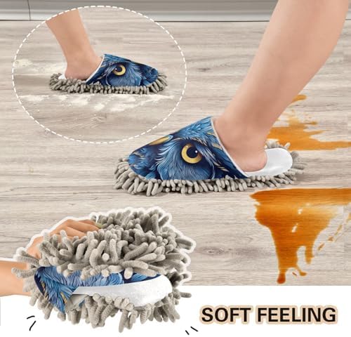 White Blue Owl Face Mop Slippers for Home and Office