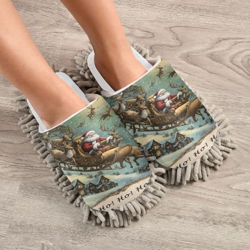 Merry Christmas Fun Cozy Santa Slippers for Wood Floor Dusting