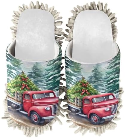 White Christmas Truck Tree Mop Slippers - Soft Hypoallergenic Easy to Clean
