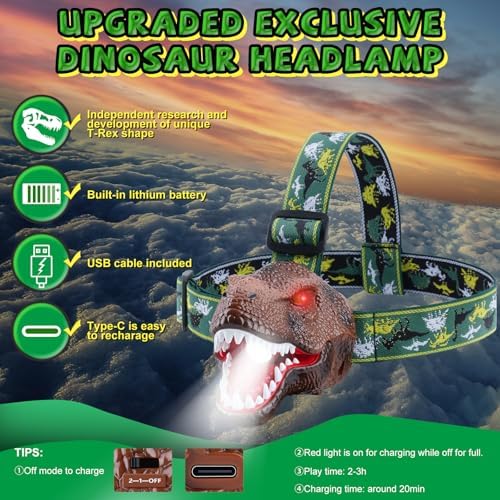 Dinosaur Headlamp 2-in-1 Rechargeable LED Lights Dinosaur Sound for Kids