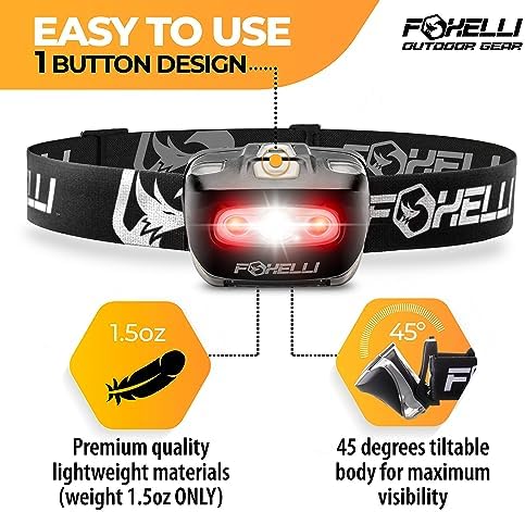 Foxelli - LED Headlamp Flashlight 165ft Beam waterproof durable