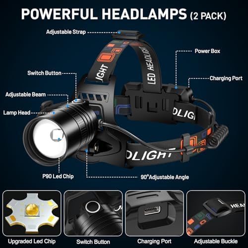 CrazyBrace Rechargeable LED Headlamp 2-Pack 990000 Lumen 12H Long Runtime Waterproof Adjustable