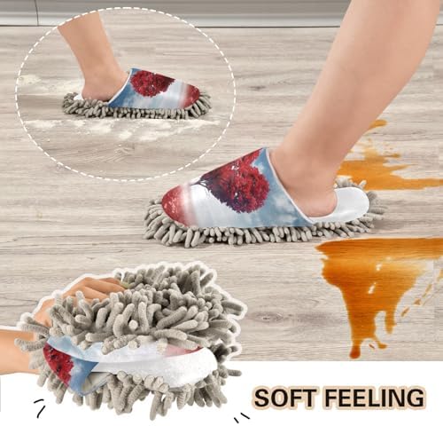 White Valentines Red Heart Tree Mop Slippers