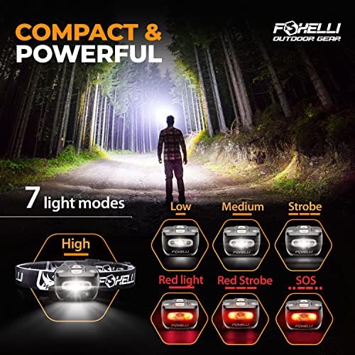 Foxelli - LED Headlamp Flashlight 165ft Beam waterproof durable