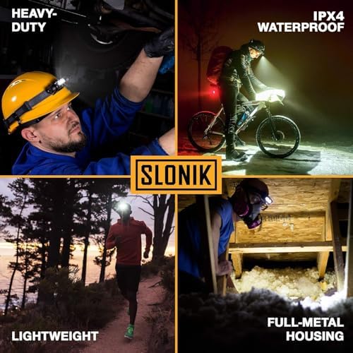 SLONIK 1000 Lumen Rechargeable Headlamp - 60 ft Beam IPX4 Waterproof Black