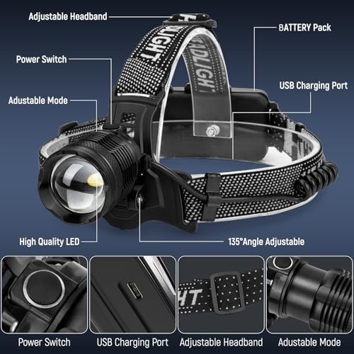 Vinderfine Rechargeable Headlamp - 2 Pack 99000 Lumen 135 Adj IPX6