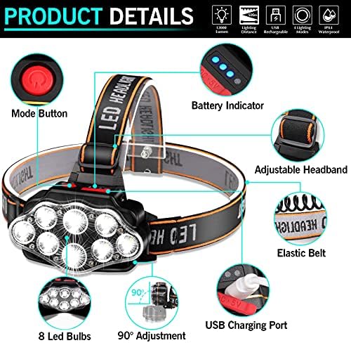 DAWINSIE 8 LED Rechargeable Headlamp Waterproof 4 Lighting Modes Adjustable Hiking-friendly