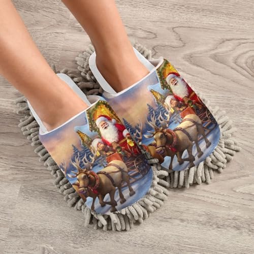 White Christmas Santa Riding Reindeers Mop Slippers for Home Kitchen