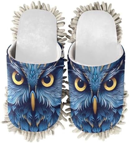 White Blue Owl Face Mop Slippers for Home and Office