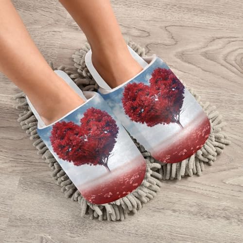 White Valentines Red Heart Tree Mop Slippers