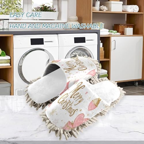 White Christmas Pink Snowflake Santa Mop Slippers