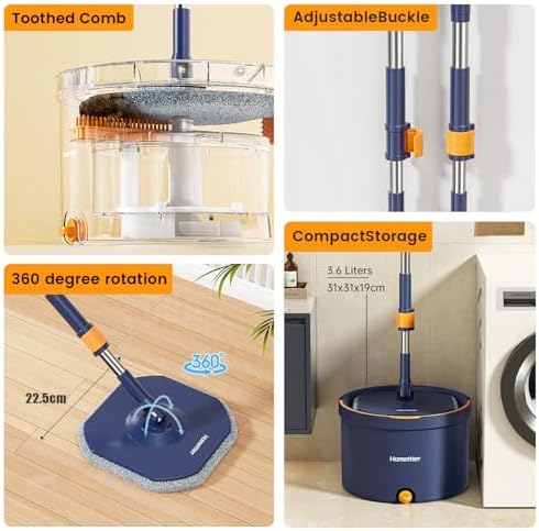 HoMettler Spin Mop Bucket Set with 2 Microfiber Pads and Self Wringing System
