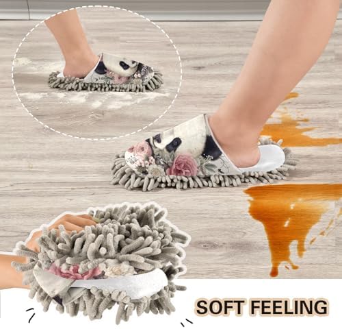 RunningBear White Flowers Panda Mop Slippers for Cleaning