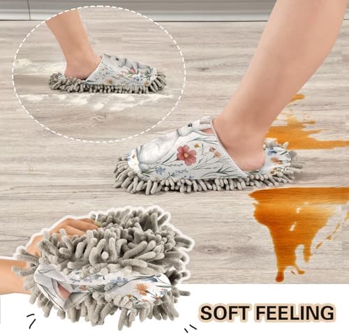 FLildon Microfiber Mop Slippers with Wildflowers and Rabbit Design