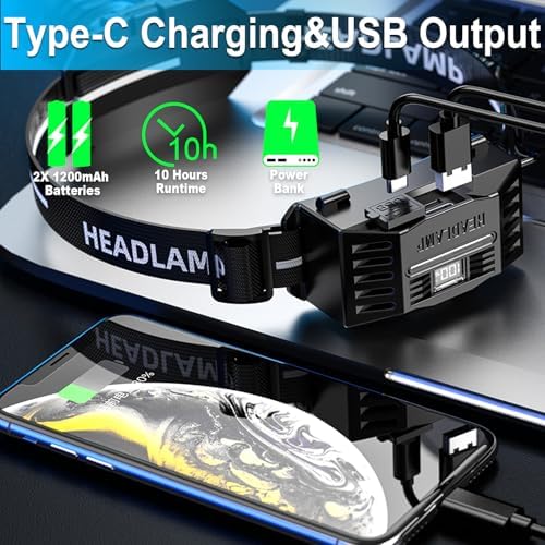 Vivid Red Rechargeable Headlamp for Camping Hiking 9 Lighting Modes Waterproof
