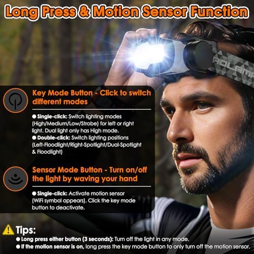 BOBKID Rechargeable LED Headlamp with 9 Modes and Motion Sensor