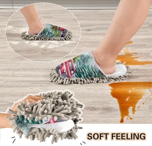 White Christmas Truck Tree Mop Slippers - Soft Hypoallergenic Easy to Clean