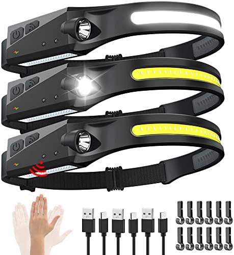 WopkDupk 3PCS Rechargeable Headlamp with 230 Wide Beam and Motion Sensor