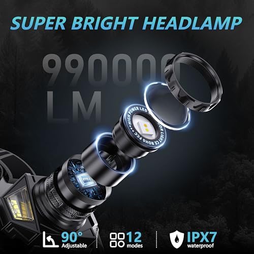 LED Headlamp Rechargeable with 990000 Lumens and 12 Modes