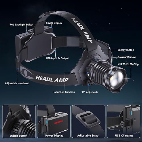 900000 Lumens LED Headlamp strobe mode waterproof adjustable arging