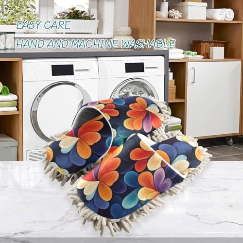 FLildon Microfiber Mop Slippers with Abstract Flowers for Men Women House Cleaning