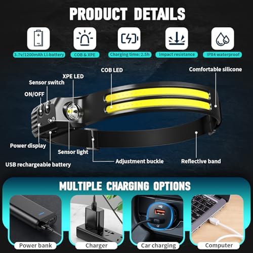 Rechargeable Headlamp 8-Piece Pack with 230 Wide Beam Motion Sensor