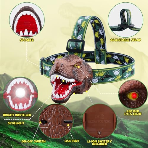 Dinosaur Headlamp 2-in-1 Rechargeable LED Lights Dinosaur Sound for Kids