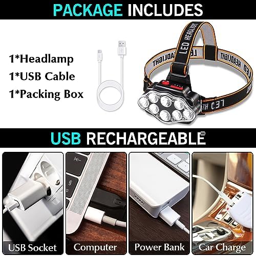 DAWINSIE 8 LED Rechargeable Headlamp Waterproof 4 Lighting Modes Adjustable Hiking-friendly