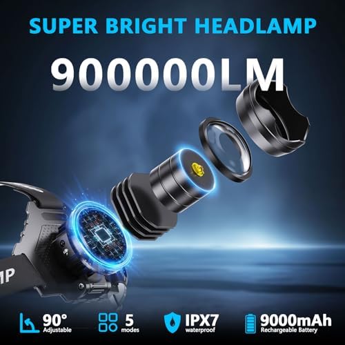 900000 Lumens LED Headlamp strobe mode waterproof adjustable arging
