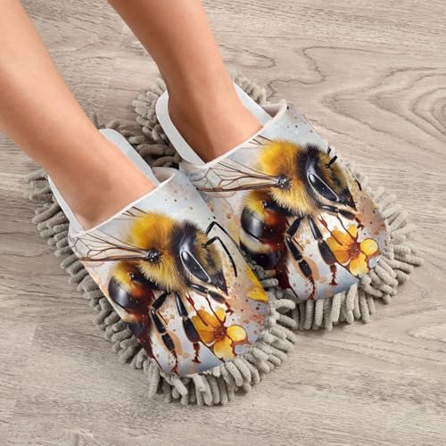 White Bee Yellow Flowers Mop Slippers for Women
