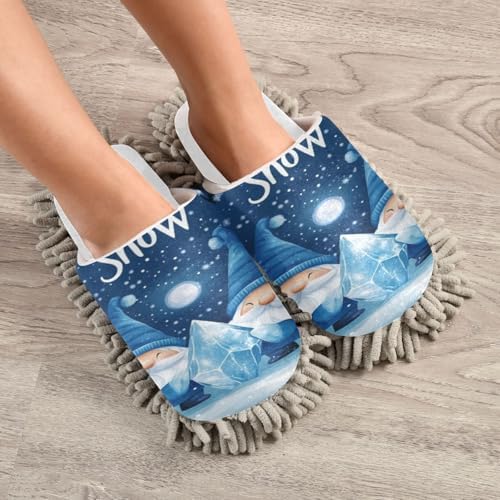 White Christmas Blue Gnomes Mop Slippers for Home Cozy Water-Friendly
