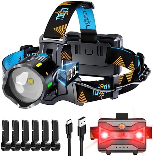 160000 LM Rechargeable Headlamp with 11 Modes 90-Hour Battery and IP68 Waterproof