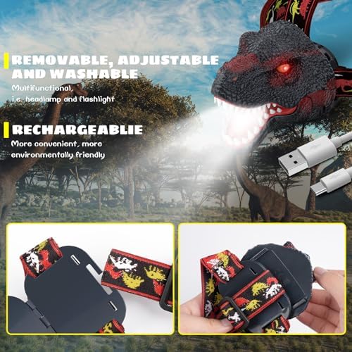 T-Rex Dinosaur Headlamp for Kids RechargeableAdjustable Fun