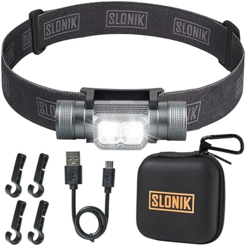 SLONIK 1000 Lumen Rechargeable Headlamp - 60 ft Beam IPX4 Waterproof Black