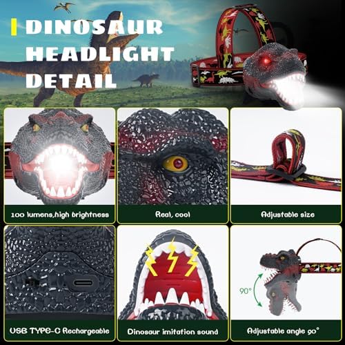 T-Rex Dinosaur Headlamp for Kids RechargeableAdjustable Fun