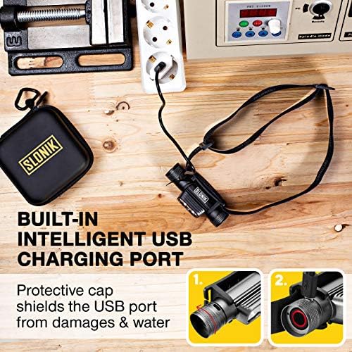 SLONIK 1000 Lumen Rechargeable Headlamp - 60 ft Beam IPX4 Waterproof Black